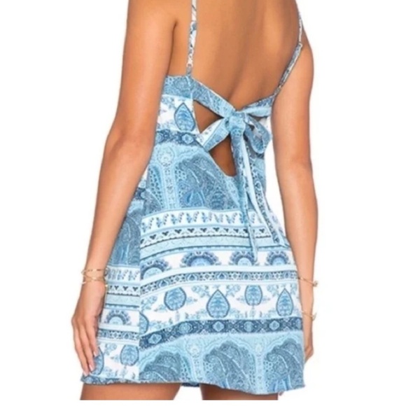 Show Me Your MuMu Tenley Tie Mini Dress Boho Blue Paisley Print Size L - Picture 2 of 5